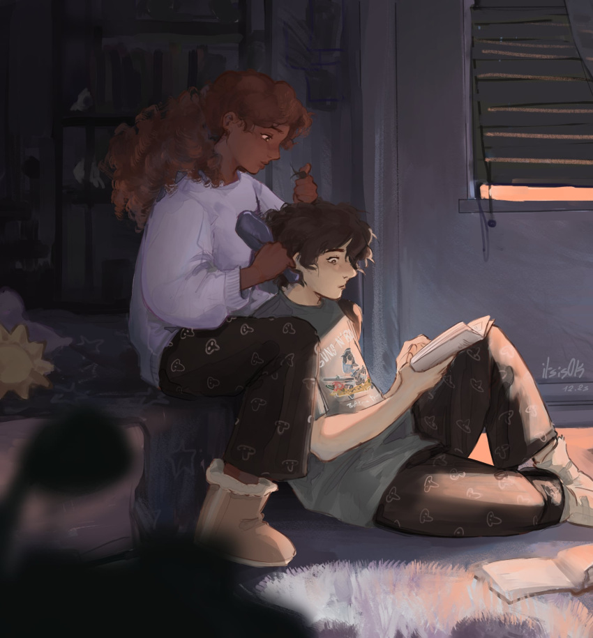 1boy, 1girl, black_eyes, black_hair, blurry, blurry_foreground, book, bookshelf