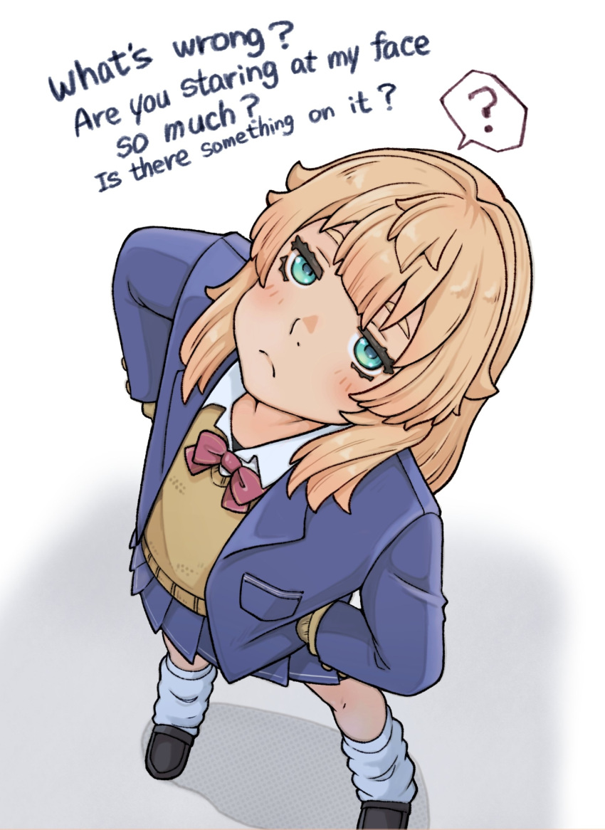 1girl, ?, black_shoes, blonde_hair, blue_eyes, blue_jacket, blue_skirt, bow