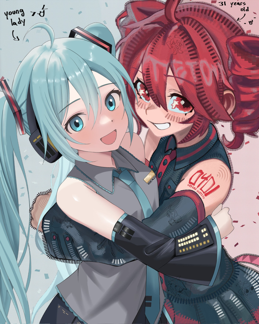 2girls, :d, ahoge, aqua_background, aqua_eyes, aqua_hair, aqua_necktie, artist_collaboration, bare_shoulders, black_shirt, black_skirt, black_sleeves, collared_shirt, confetti, detached_sleeves, drill_hair, english_commentary, english_text, grey_shirt, grin, hair_between_eyes, hair_ornament, hatsune_miku, headphones, highres, hug, kasane_teto, kasane_teto_(utau), linnees_waos, long_hair, looking_at_viewer, multiple_girls, naoyuki_arts, necktie, open_mouth, red_background, red_eyes, red_hair, shirt, short_hair, shoulder_tattoo, sidelocks, skirt, sleeveless, sleeveless_shirt, smile, star_(symbol), star_in_eye, symbol_in_eye, tattoo, twin_drills, twintails, two-tone_background, upper_body, utau, very_long_hair, vocaloid