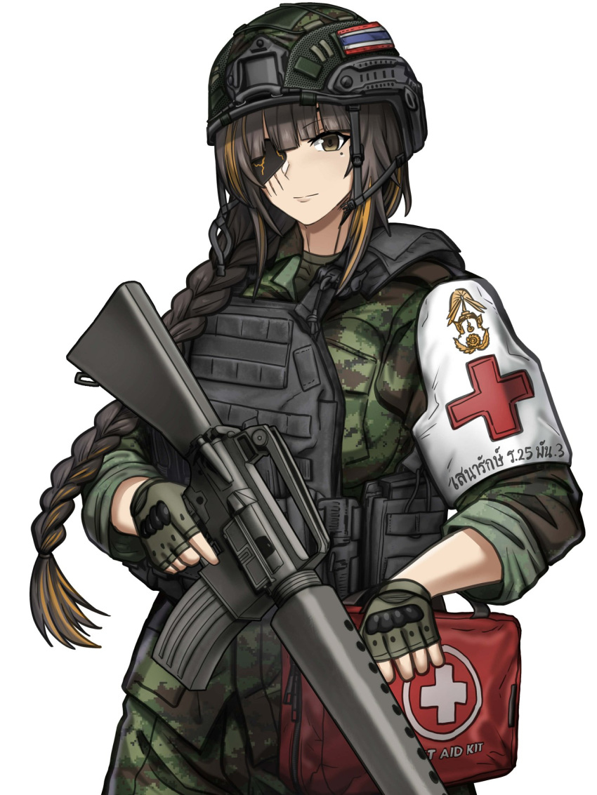 armband, assault_rifle, blunt_bangs, body_armor, brown_eyes, brown_hair, camouflage, camouflage_helmet, camouflage_shirt, combat_helmet, commentary, cross, english_commentary, eyepatch, fingerless_gloves, first_aid_kit, girls_frontline, gloves, green_gloves, green_helmet, green_shirt, gun, helmet, highres, holding, holding_weapon, light_smile, long_hair, looking_at_viewer, m16, m16a1, m16a1_(girls'_frontline), magazine_(weapon), military_medic, mole, mole_under_eye, multicolored_hair, red_cross, rifle, scar, scar_across_eye, scar_on_face, shirt, slavsegger, solo, tactical_clothes, tactical_gloves, thailand, weapon, white_armband