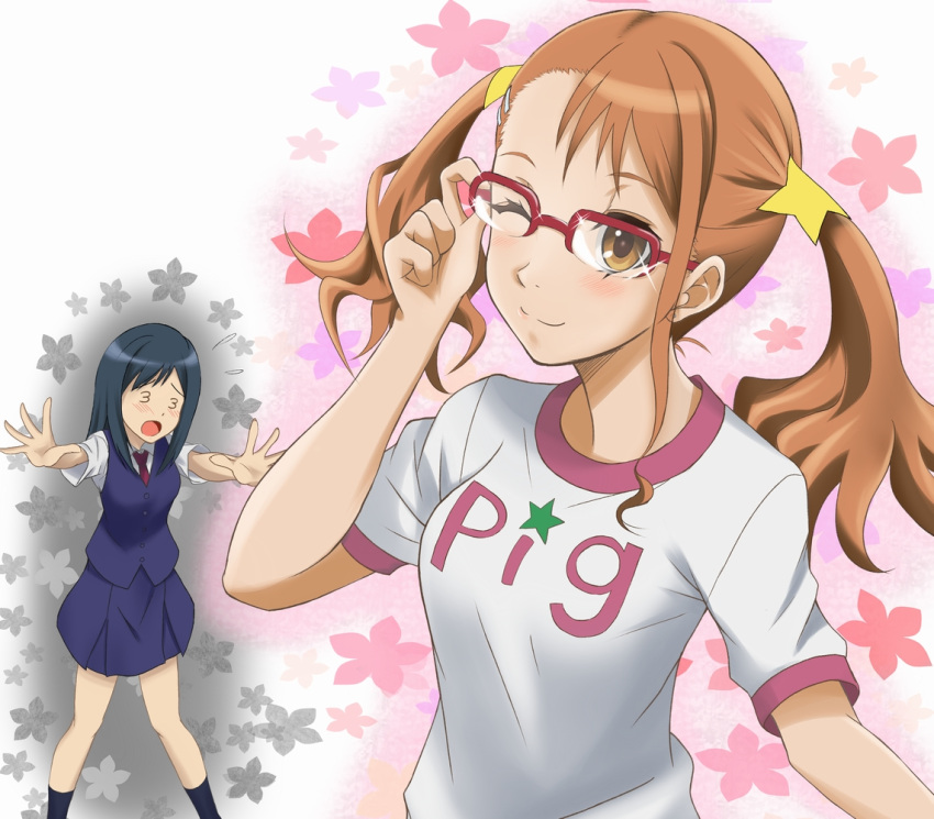 3_3, adjusting_glasses, anjou_naruko, ano_hi_mita_hana_no_namae_wo_bokutachi_wa_mada_shiranai, blue_hair, breasts, creep, flower