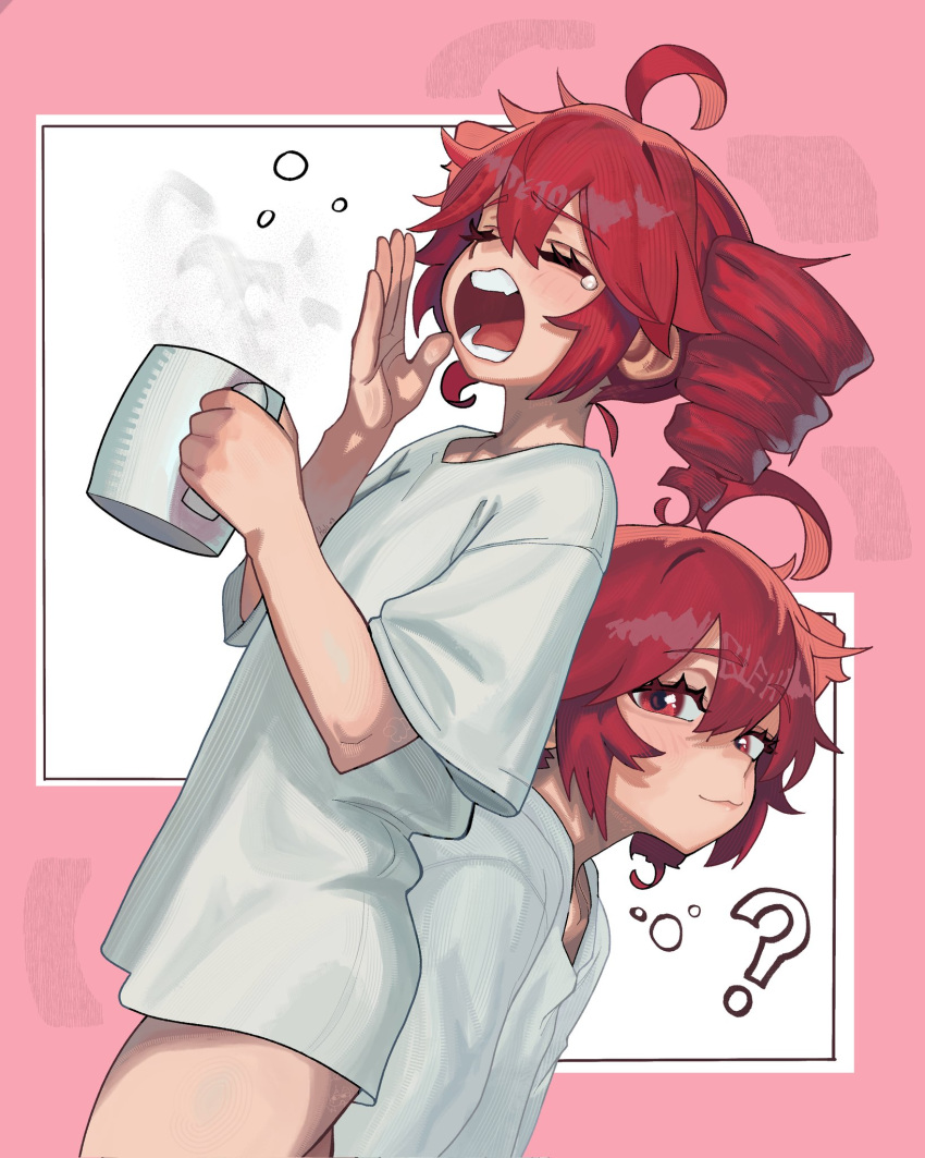 1girl, ?, ahoge, artist_name, closed_eyes, closed_mouth, commentary, cowboy_shot