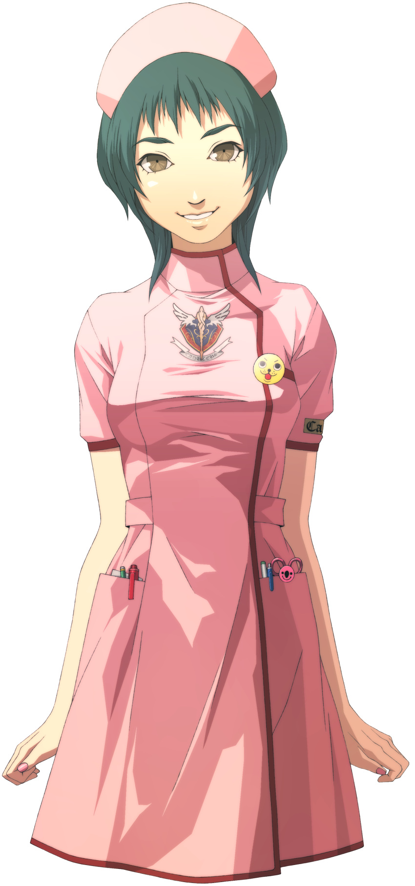 1girl, absurdres, brown_eyes, chou_shittou_caduceus, cropped_legs, doi_masayuki, dress, green_hair