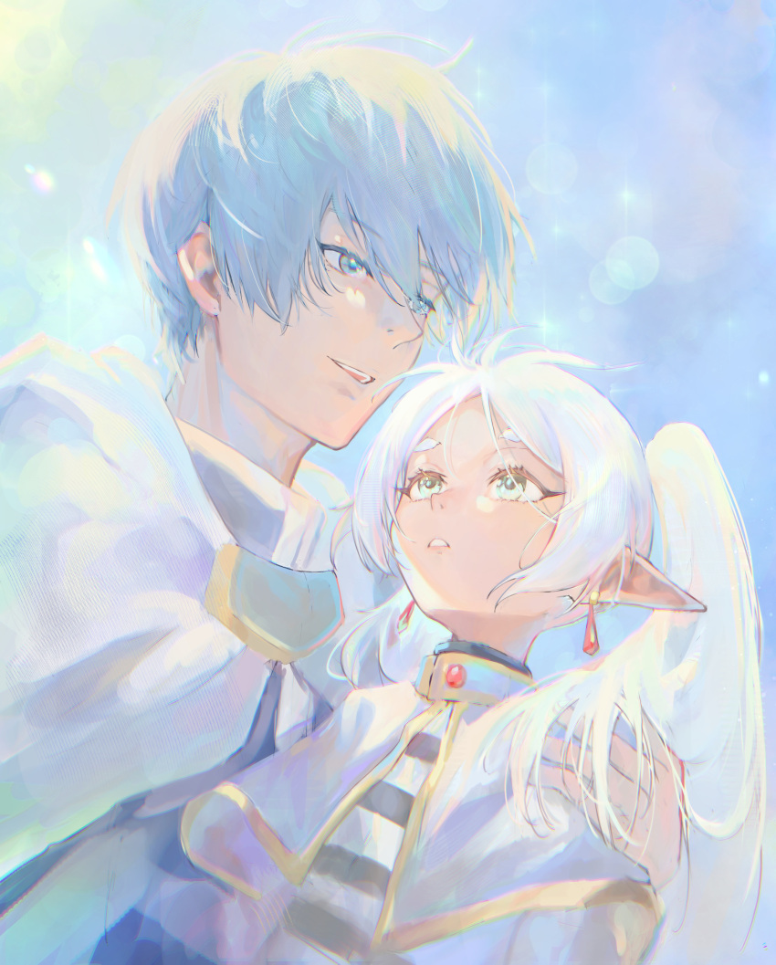1boy, 1girl, blue_eyes, blue_hair, capelet, commentary, earrings, elf