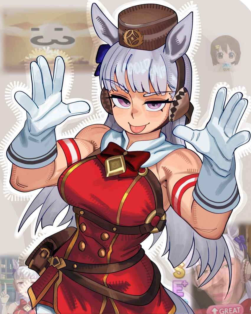 1girl, :p, animal_ears, arm_strap, bare_shoulders, blunt_bangs, bow, bowtie