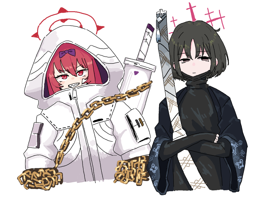 2girls, :d, alternate_costume, black_eyes, black_hair, black_hanfu, black_sweater, blue_archive