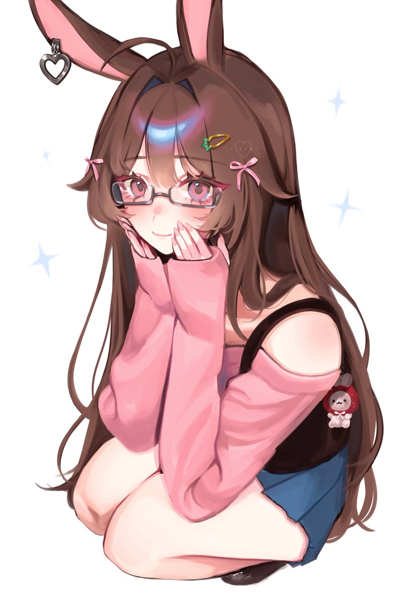 1girl, ahoge, animal_charm, animal_ears, black_vest, blue_skirt, blush, bow