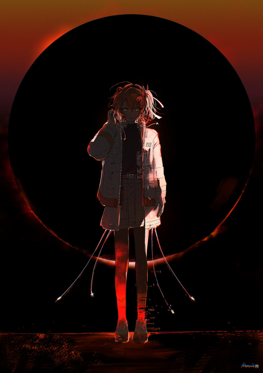 1girl, a.i._voice, adachi_rei, arm_at_side, belt, black_pantyhose, black_shirt, closed_mouth