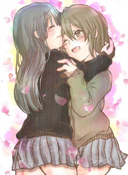 2girls, akiyama_mio, alice-yuki, black_hair, blush, brown_hair, closed_eyes, eyes_closed