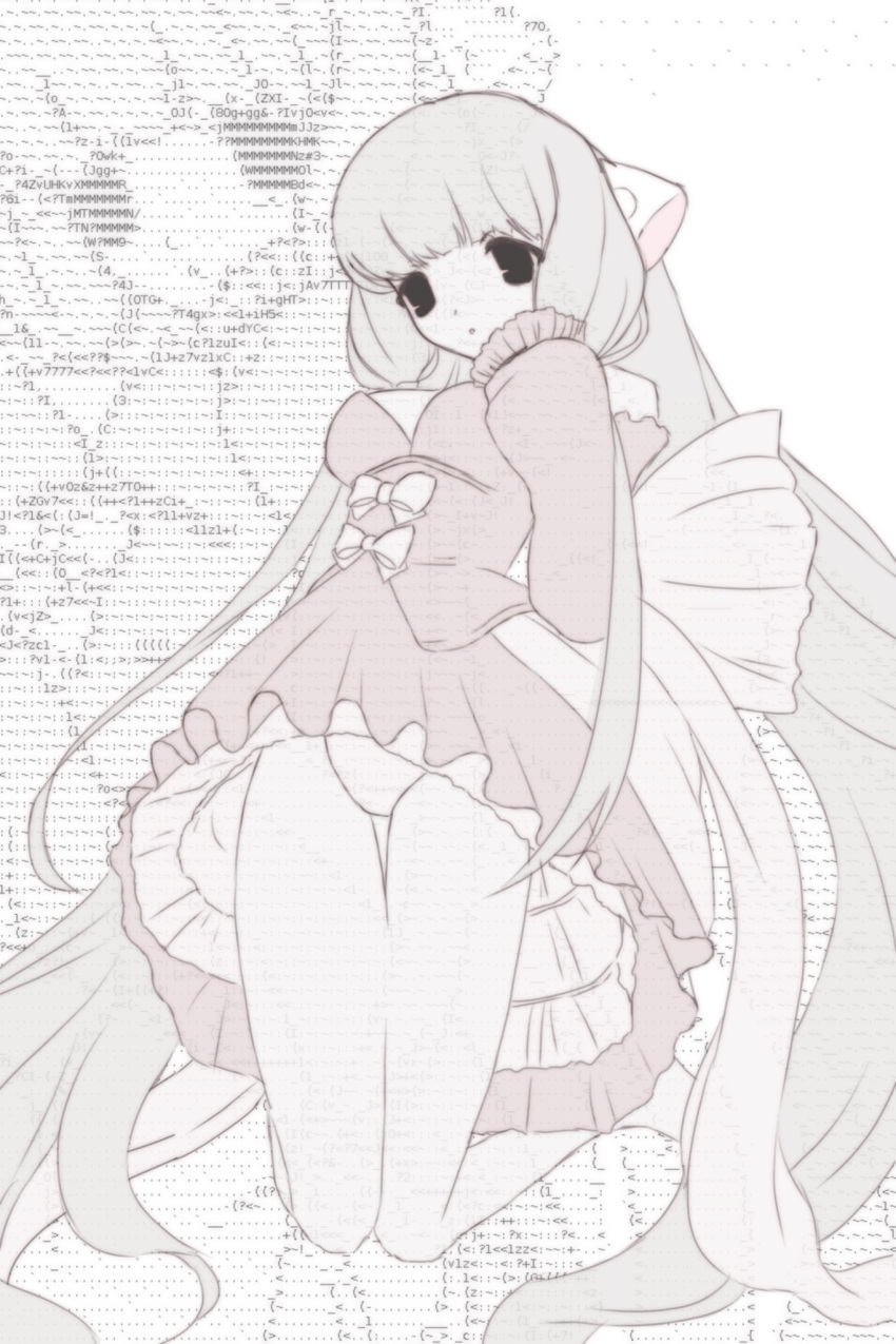 1girl, 2000s_(style), :o, android, arm_behind_back, ascii_art, black_eyes, blunt_bangs
