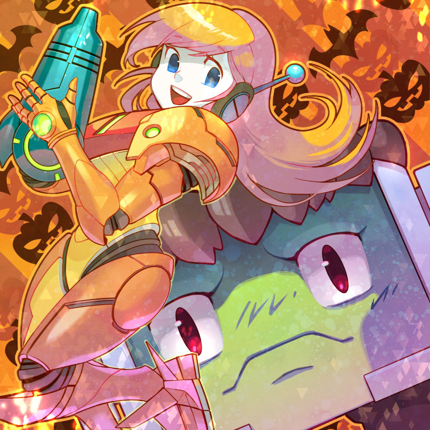1boy, 1girl, android, arm_cannon, armor, artist_request, balrog_(cave_story), blonde_hair, blue_eyes, cave_story, colored_skin, cosplay, curly_brace, dutch_angle, english_commentary, eyelashes, full_armor, halloween, halloween_costume, highres, looking_at_another, looking_at_viewer, metroid, metroid_(creature), metroid_(creature)_(cosplay), nintendo, october, official_art, open_mouth, orange_armor, orange_background, power_armor, power_suit_(metroid), pumpkin_background, red_eyes, robot_boy, robot_ears, samus_aran, samus_aran_(cosplay), second-party_source, shoulder_pads, teeth, upper_teeth_only, varia_suit, warm_colored, weapon, white_skin