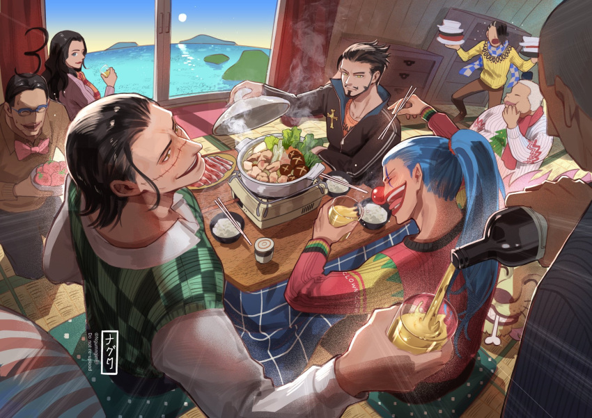 1girl, 6+boys, bow, bowl, bowtie, buggy_the_clown, cabaji, chopsticks