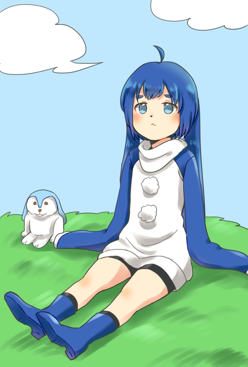 1boy, ahoge, animal_ears, black_shorts, blue_boots, blue_eyes, blue_sky, blue_sleeves