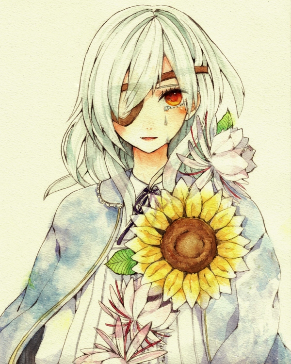 eyepatch, flower, inazuma_eleven, inazuma_eleven_(series), red_eyes, sakuma_jirou, takakura_aki, tears