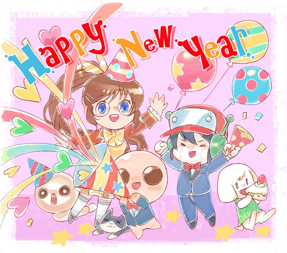 2girls, 3boys, android, artist_request, bald, balloon, baseball_cap, black_fur