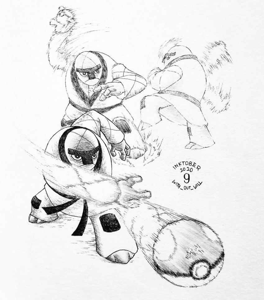1boy, belt, closed_mouth, commentary, dougi, english_commentary, greyscale, highres, holding, holding_poke_ball, inktober, jacket, listlessscrawls, long_sleeves, male_focus, master_ball, monochrome, motion_blur, multiple_views, pants, poke_ball, pokemon, simple_background, throh, throwing, throwing_poke_ball, traditional_media, white_background