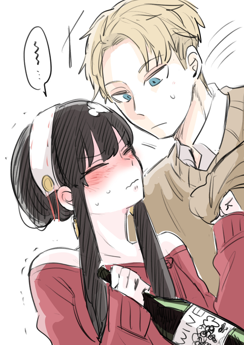 1boy, 1girl, absurdres, ayuhata_toba, bare_shoulders, black_hair, blonde_hair, blue_eyes, book, bottle, brown_sweater, closed_eyes, closed_mouth, clothes_grab, collarbone, collared_shirt, commentary_request, drunk, earrings, gold_earrings, hairband, highres, holding, holding_book, jewelry, long_sleeves, looking_at_another, motion_lines, off-shoulder_sweater, off_shoulder, parted_bangs, red_sweater, shirt, short_hair, short_hair_with_long_locks, sidelocks, sleeves_past_wrists, speech_bubble, spy_x_family, sweatdrop, sweater, trembling, twilight_(spy_x_family), upper_body, very_short_hair, white_background, white_hairband, wine_bottle, yor_briar