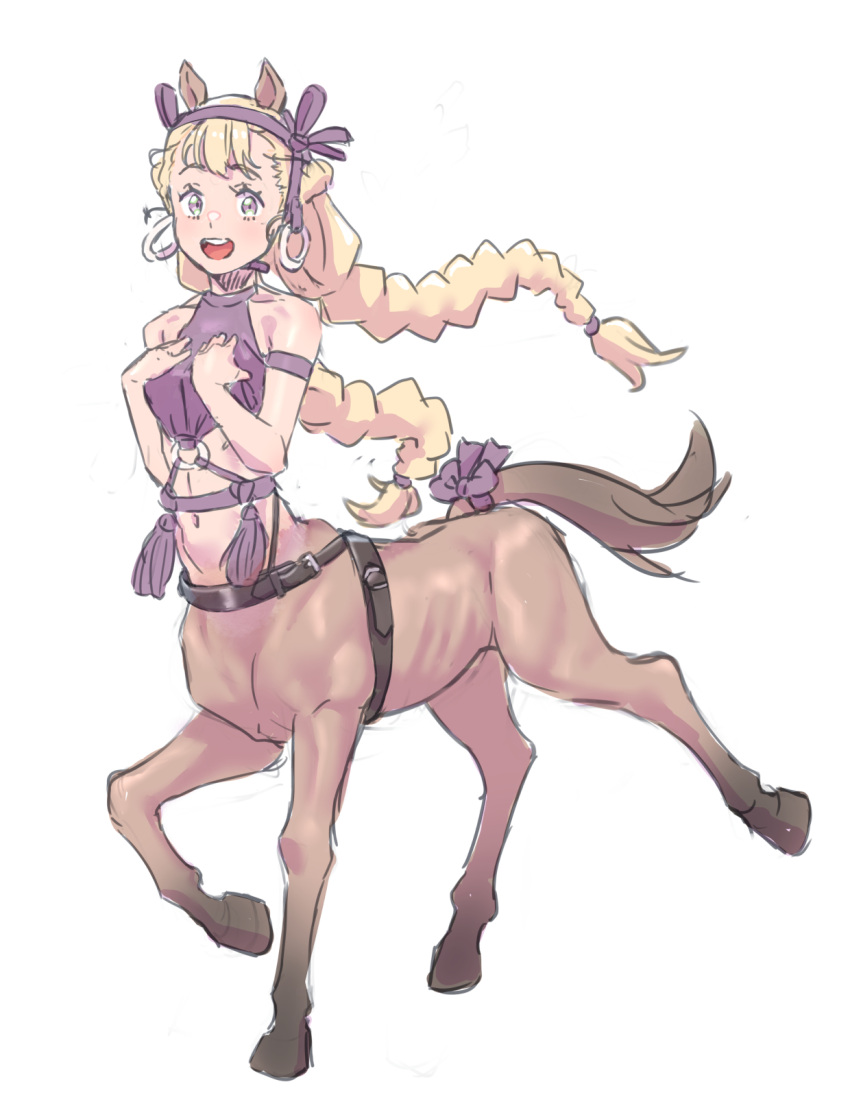 1girl, animal_ears, bare_shoulders, belt, blonde_hair, braid, centaur, commentary_request