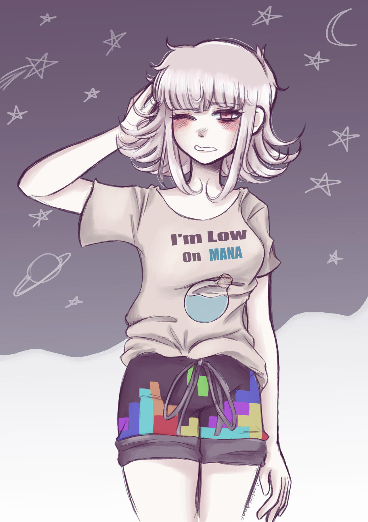 1girl, alternate_costume, axolotl-anne, black_shorts, blush, breasts, commentary, cowboy_shot, crescent, danganronpa_(series), danganronpa_2:_goodbye_despair, english_commentary, eyelashes, gamer_shirts_(meme), grey_hair, grey_shirt, hand_on_own_head, highres, medium_hair, meme, messy_hair, nanami_chiaki, one_eye_closed, pink_eyes, planet, print_shorts, shirt, shooting_star, short_sleeves, shorts, sidelocks, sleepy, solo, star_(symbol), t-shirt, tetris