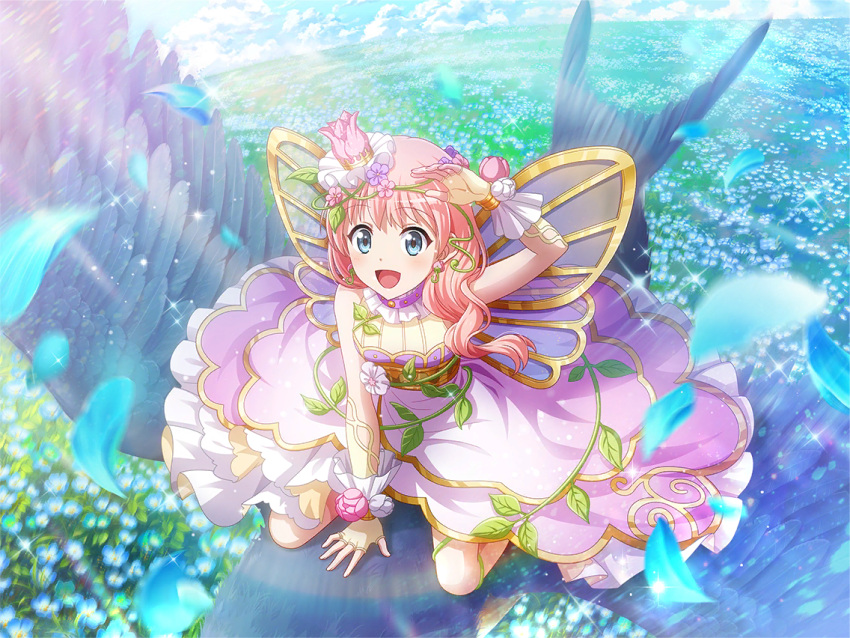 1girl, andersen's_fairy_tales, blue_eyes, blurry, blurry_foreground, butterfly_wings, cosplay, dress, earrings, fake_wings, falling_petals, flower, game_cg, headpiece, insect_wings, jewelry, long_hair, mini_person, minigirl, nonomiya_lalafin, official_art, open_mouth, petals, pink_hair, purple_dress, shoujo_kageki_revue_starlight, shoujo_kageki_revue_starlight_-re_live-, sitting, solo, thumbelina_(andersen), thumbelina_(andersen)_(cosplay), wings