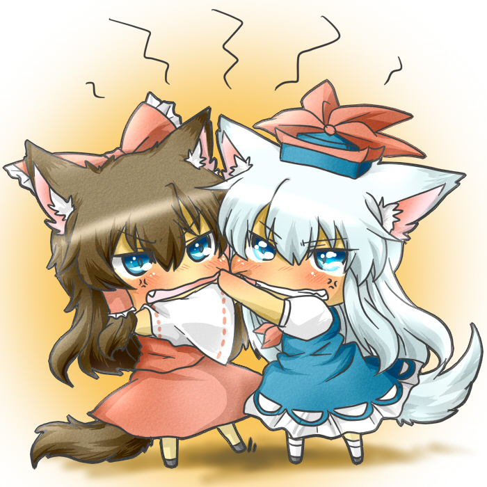 anger_vein, animal_ears, blue_dress, blue_eyes, blush, bow, brown_hair, cat_ears, cat_fight, cat_tail, catfight, cheek_pinching, cheek_tug, chibi, clenched_teeth, detached_sleeves, dress, fang, hair_bow, hair_tubes, hakurei_reimu, hat, kamishirasawa_keine, kemonomimi_mode, miko, multiple_girls, necktie, open_mouth, pinching, rebecca_(keinelove), rebecca_(naononakukoroni), red_dress, silver_hair, tail, touhou