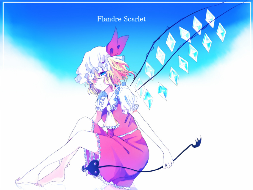 ascot, bad_id, barefoot, bat_wings, blonde_hair, blue_eyes, blush, character_name