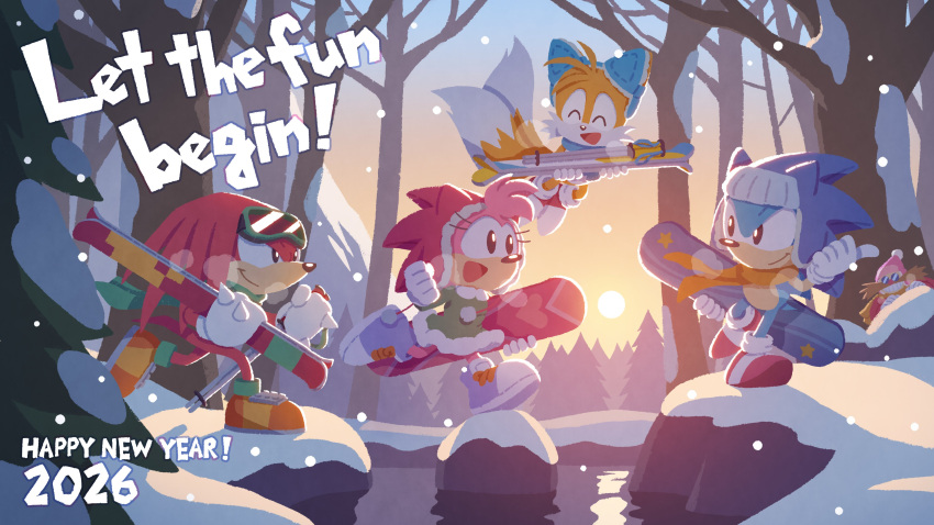 1girl, 2026, 4boys, absurdres, amy_rose, bare_tree, beanie, black_eyes