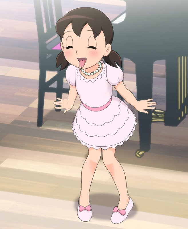 blush, brown_hair, child, closed_eyes, doraemon, dress, eyes_closed, instrument, jewelry, minamoto_shizuka, necklace, piano, rico_(jackdoa), short_hair, short_twintails, tongue, twintails