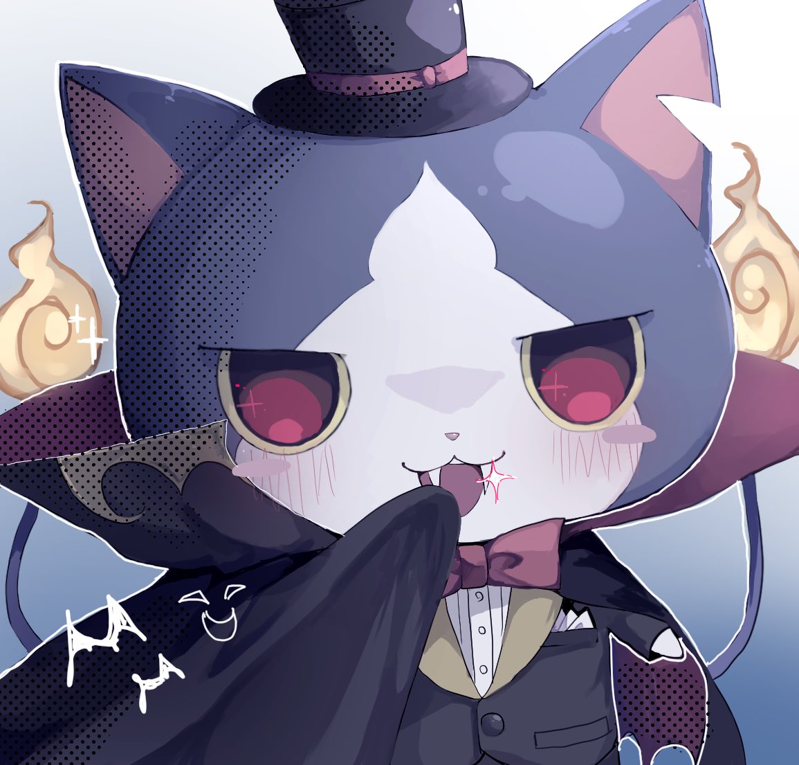black_cape, black_hat, black_jacket, blue_fur, blush, bow, bowtie, cape, fangs, fire, flame-tipped_tail, gabunyan, ha1_1oween, hat, hitodama, jacket, looking_at_viewer, mini_hat, mini_top_hat, multiple_tails, no_humans, notched_ear, open_mouth, red_bow, red_bowtie, shirt, solo, sparkle, tail, top_hat, two_tails, upper_body, white_shirt, youkai_(youkai_watch), youkai_watch