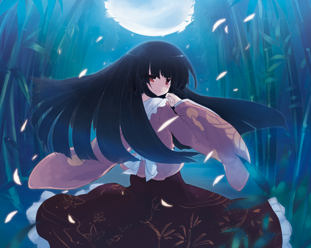 bamboo, black_hair, bow, dress, from_behind, houraisan_kaguya, japanese_clothes, long_hair