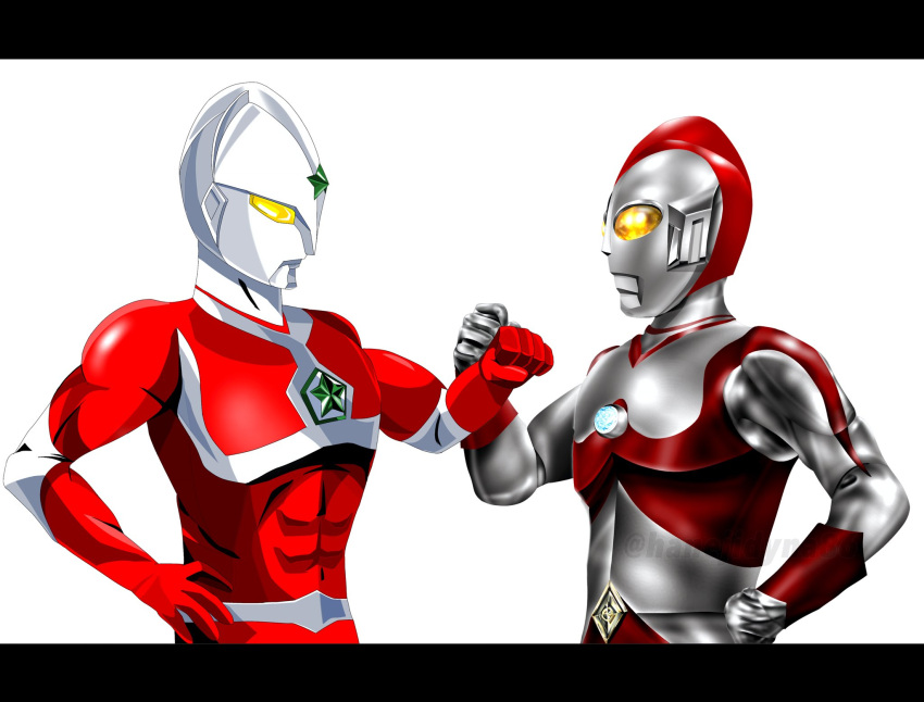 2boys, alien, color_timer, colored_skin, commentary_request, compound_eyes, glowing, glowing_eyes
