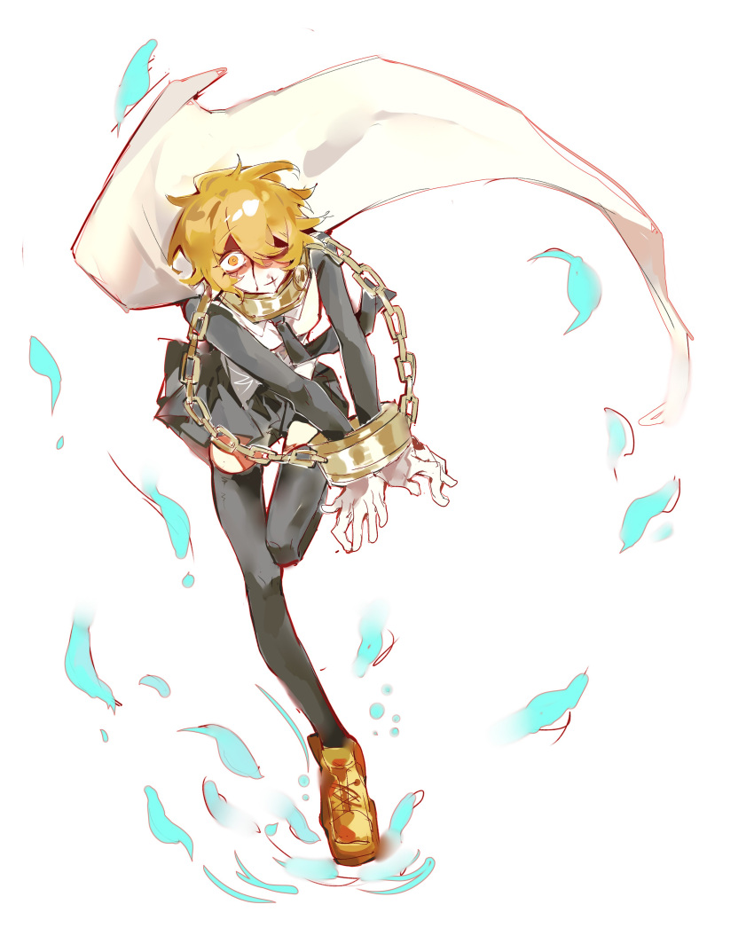 1girl, absurdres, black_shirt, black_skirt, black_thighhighs, blonde_hair, blood, blood_on_face