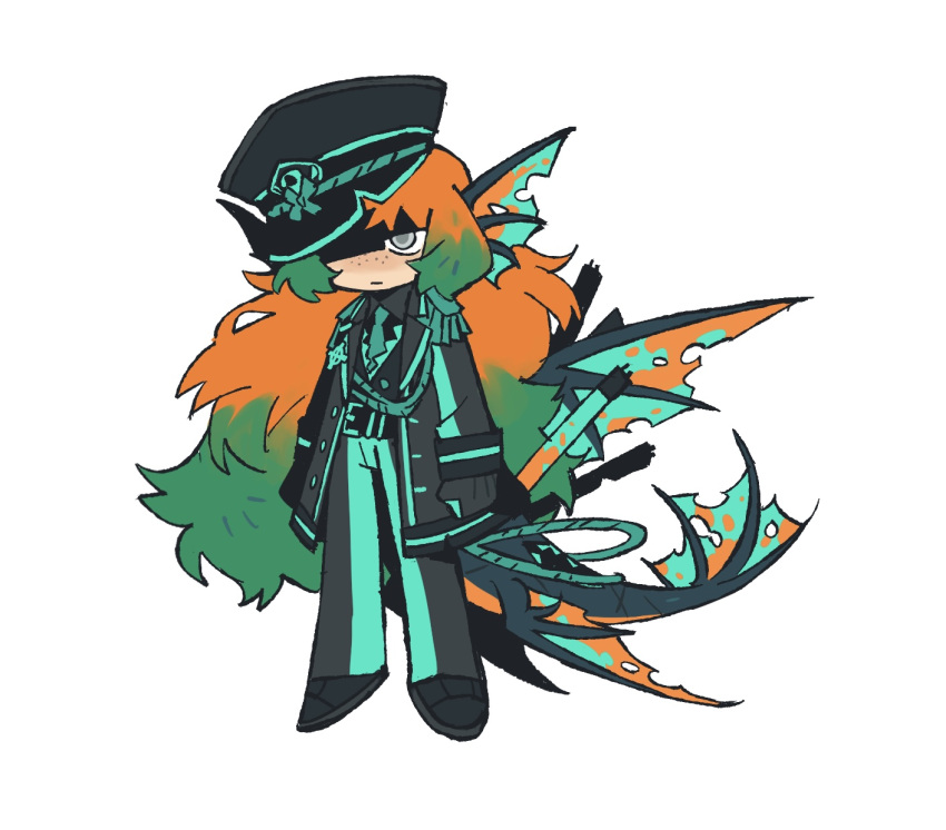 1girl, aqua_necktie, aqua_pants, aqua_trim, back_fin, black_hat, black_jacket, black_vest