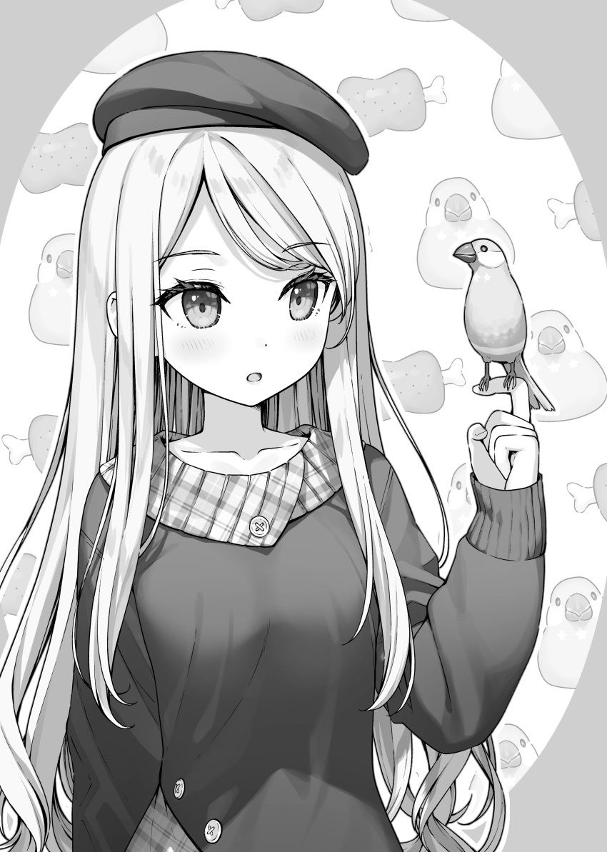1girl, :o, absurdres, animal, animal_on_hand, beret, bird, blush