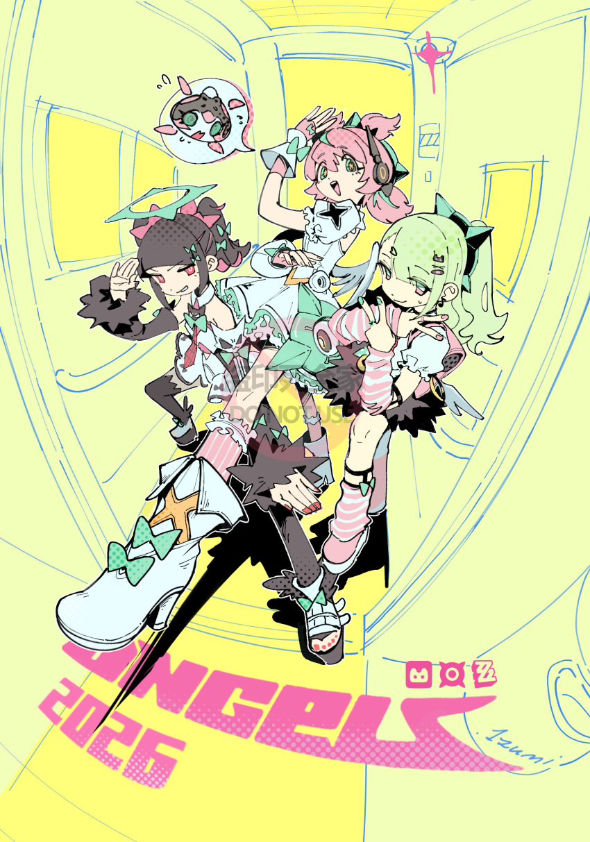 3girls, absurdres, angels_of_delusion, aqua_nails, backpack, bag, bare_shoulders, black_hair