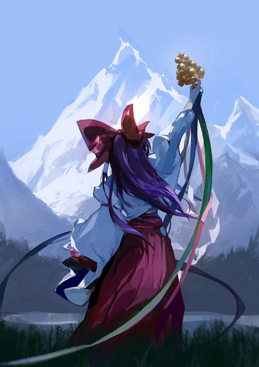 1girl, aliaos, bell, blue_ribbon, blue_sky, bow, chinese_commentary, commentary_request