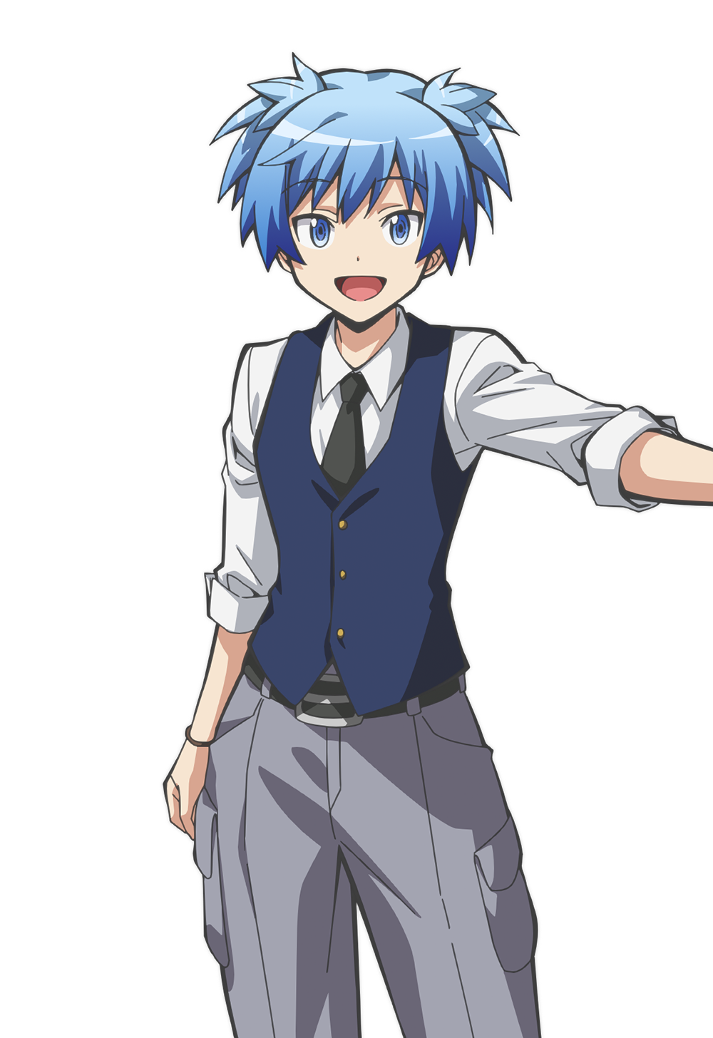 1boy, :d, anime_coloring, ansatsu_kyoushitsu, belt, black_belt, black_necktie, blue_eyes