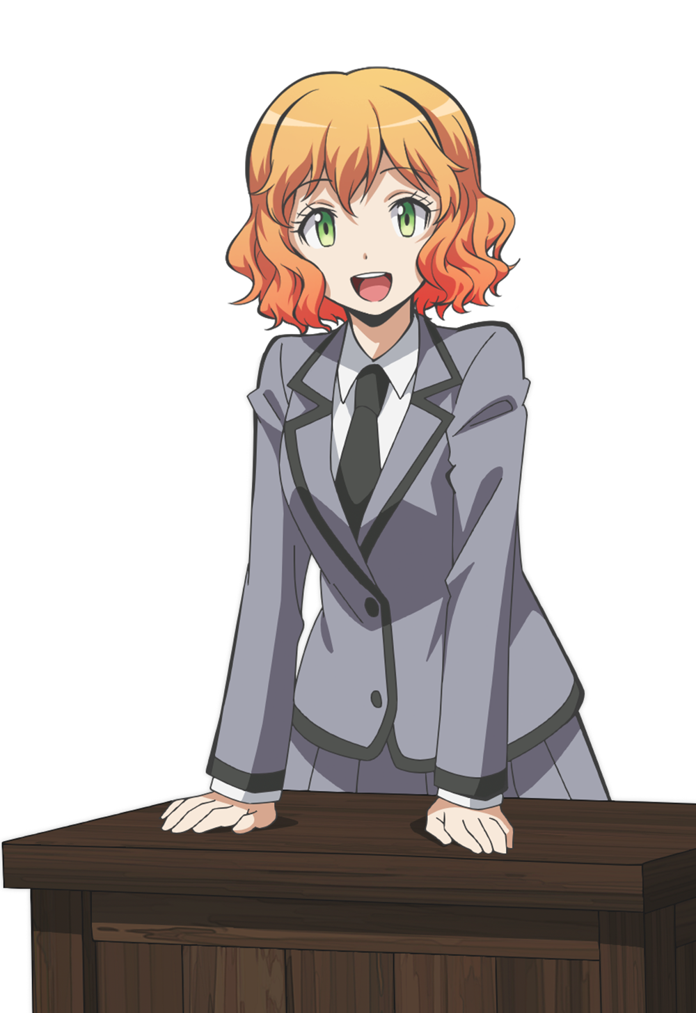 1girl, :d, anime_coloring, ansatsu_kyoushitsu, black_necktie, breasts, collared_shirt, cowboy_shot