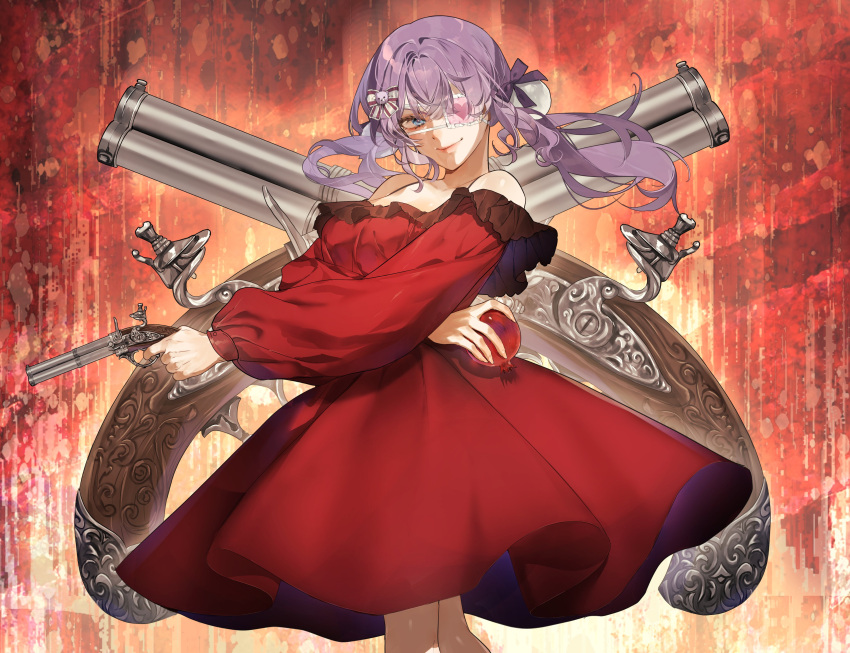 1girl, absurdres, amae_gurih, antique_firearm, blue_eyes, breasts, closed_mouth, commentary, dress, english_commentary, eyepatch, fire!!!_(synthesizer_v), firelock, flintlock, food, frilled_dress, frills, fruit, gun, handgun, highres, holding, holding_food, holding_fruit, holding_gun, holding_weapon, indie_utaite, long_hair, long_sleeves, medium_breasts, off-shoulder_dress, off_shoulder, pomegranate, purple_hair, rachie_(utaite), red_background, red_dress, smile, solo, twintails, weapon