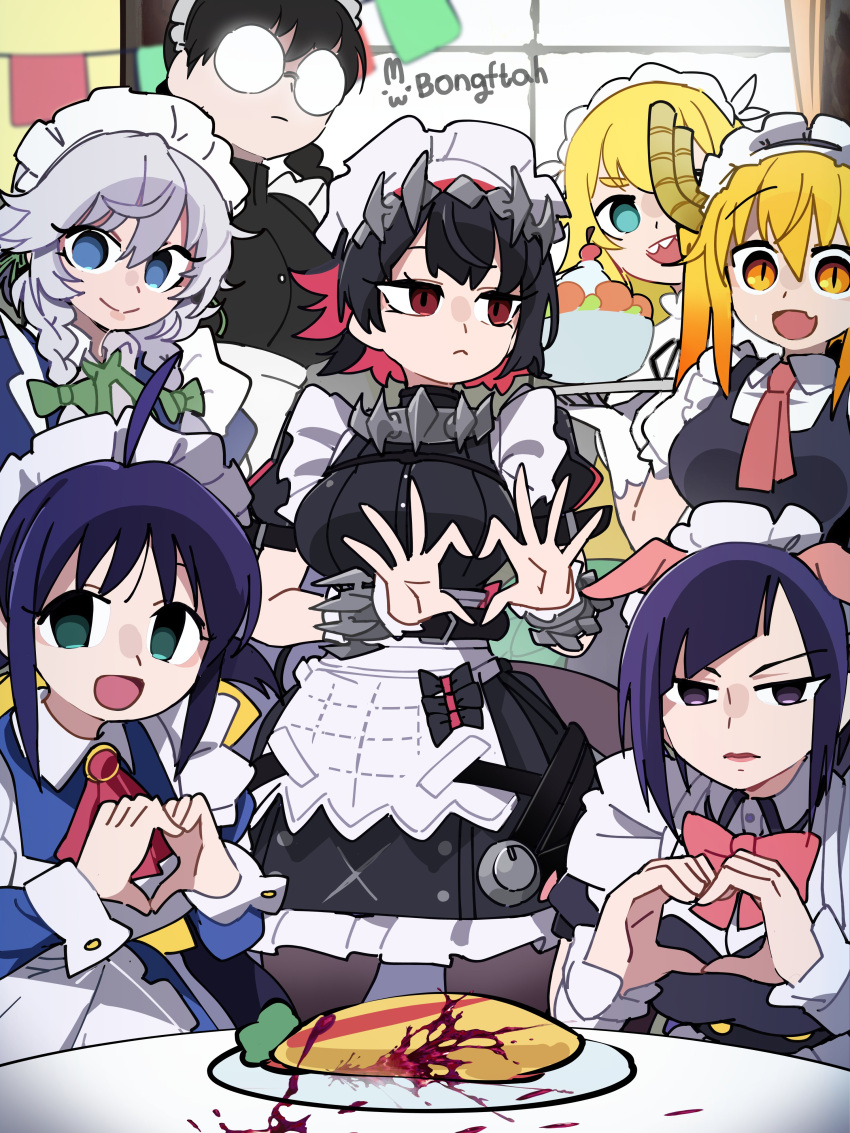 6+girls, absurdres, akiba_maid_sensou, apron, artist_name, black_dress, black_hair, black_lagoon
