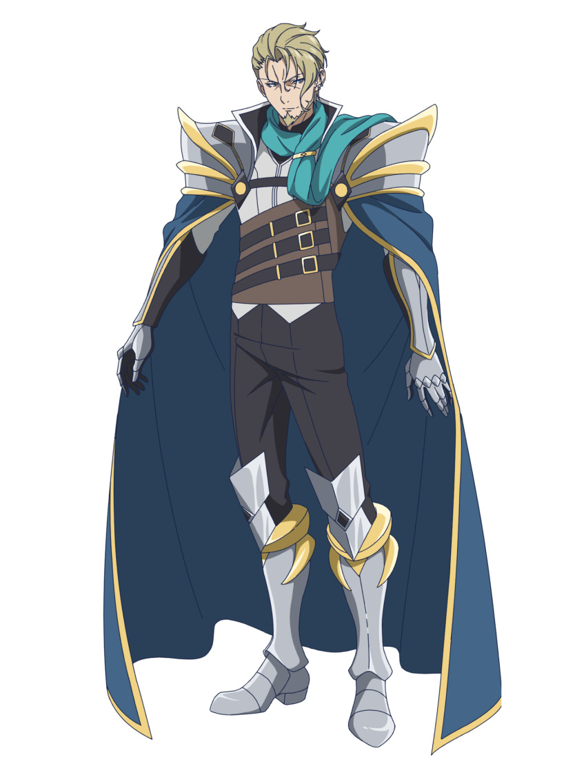 albert_ararat, anime_coloring, armor, armored_boots, arms_at_sides, belt, black_belt, black_pants, blonde_facial_hair, blonde_hair, blue_cape, boots, cape, curtained_hair, earrings, english_commentary, facial_hair, full_body, gauntlets, goatee, gold_earrings, gold_trim, hair_slicked_back, highres, hoop_earrings, invisible_floor, jewelry, kizoku_tensei:_megumareta_umare_kara_saikyou_no_chikara_wo_eru, mixed-language_commentary, multiple_belts, official_art, pants, shirt, shoulder_armor, simple_background, standing, tachi-e, transparent_background, white_shirt
