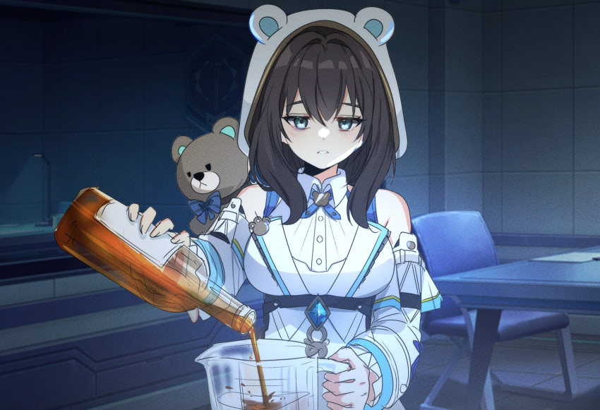 1girl, ahichiru, alcohol, animal_hood, bare_shoulders, bear_hood, blue_eyes, bottle