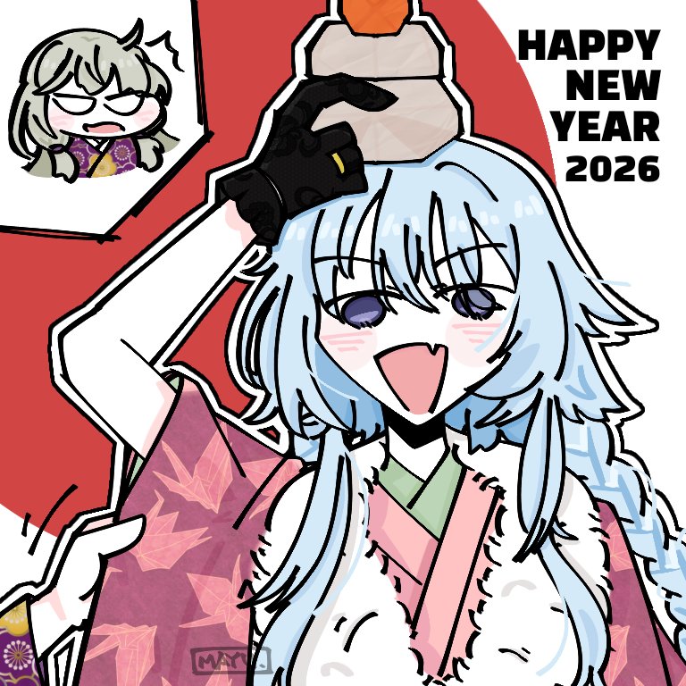 2026, 2girls, :d, ^^^, ahoge, alternate_hairstyle, arm_at_side, arm_up
