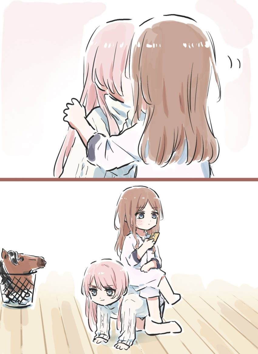 2girls, all_fours, bang_dream!, bang_dream!_it's_mygo!!!!!, bite_mark_on_cheek, biting_another's_cheek, blue_eyes, brown_hair