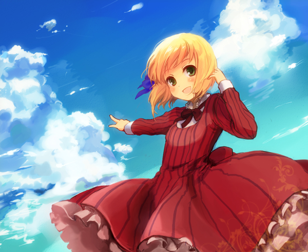 blonde_hair, blush, cloud, dress, frills, green_eyes, hair_ribbon, happy