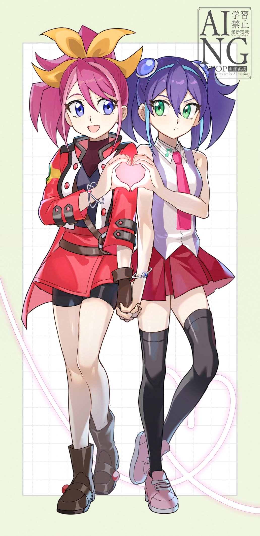 2girls, :d, alternate_hairstyle, bike_shorts, bike_shorts_under_skirt, black_shirt, black_shorts, black_thighhighs