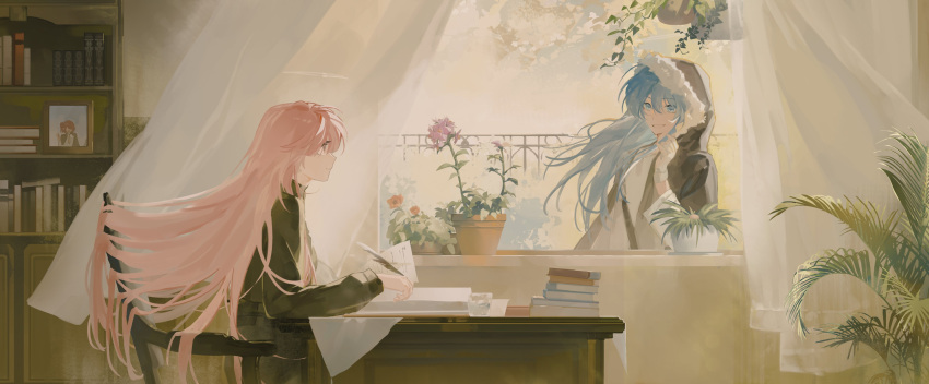 2girls, absurdres, arknights, bag, black_jacket, blue_eyes, blue_hair, book