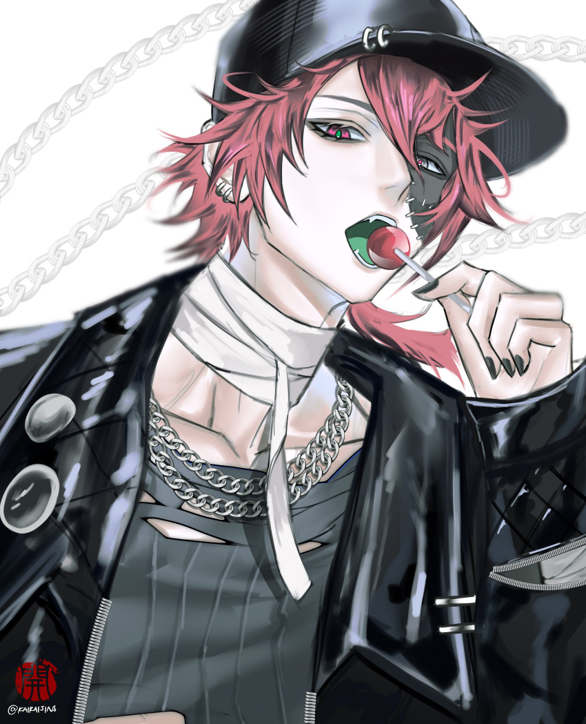 1boy, absurdres, bandaged_neck, bandages, baseball_cap, black_jacket, black_nails, candy