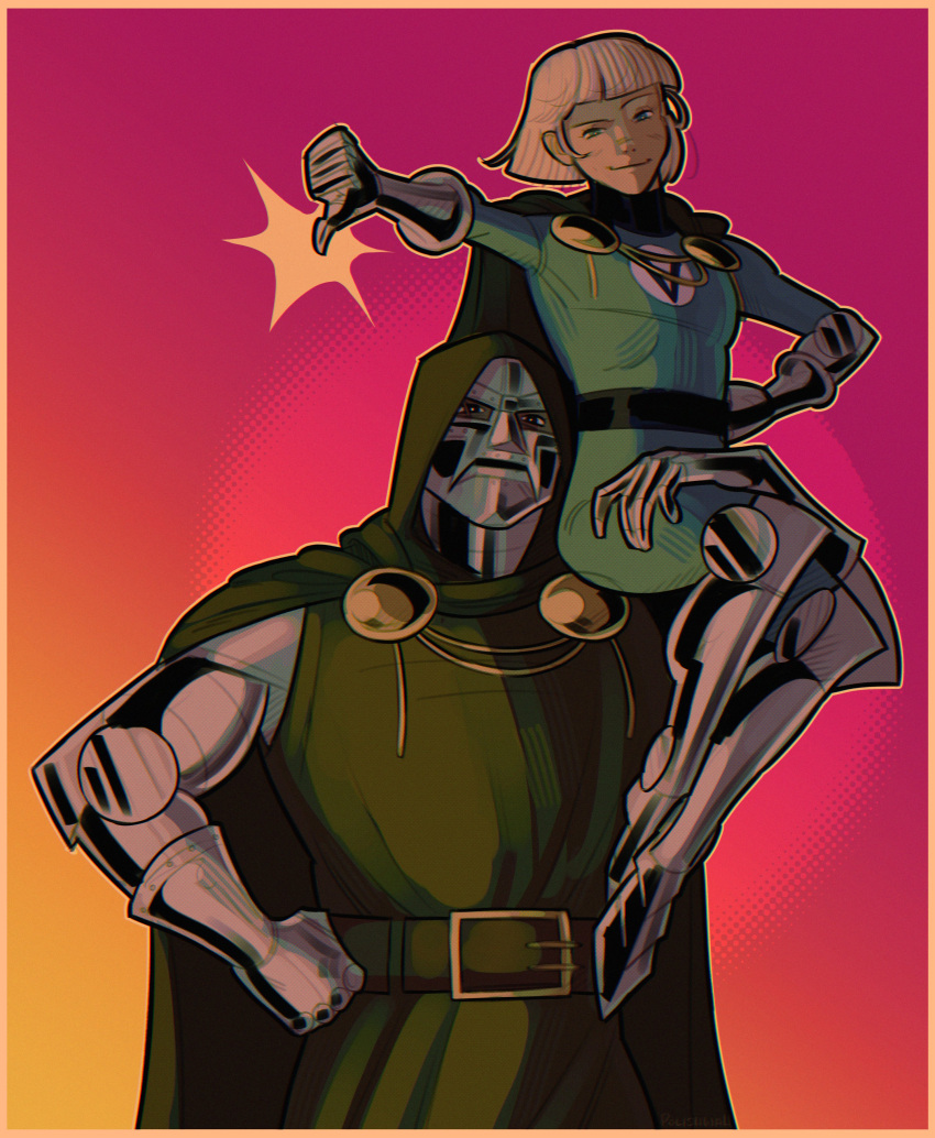 1boy, absurdres, armor, blonde_hair, cape, capet, commentary, doctor_doom, english_commentary, fantastic_four, gloves, helmet, highres, hood, looking_at_viewer, marvel, mask, polishwah, short_hair, smile, superhero_costume, thumbs_down, valeria_richards