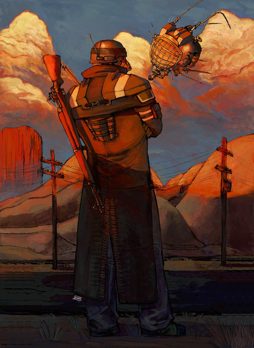 1other, absurdres, anagorah, armor, back, blue_sky, clouds, coat, commentary, courier_(fallout:_new_vegas), duster_coat, ed-e, english_commentary, fallout, fallout:_new_vegas, full_body, gas_mask, gloves, gun, helmet, highres, mask, outdoors, red_eyes, robot, sky, weapon